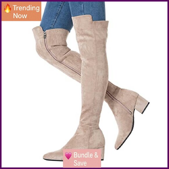Women's Suede Over Knee Boots Low Block Heel Square Toe Winter Comfort - Picture 6 of 8